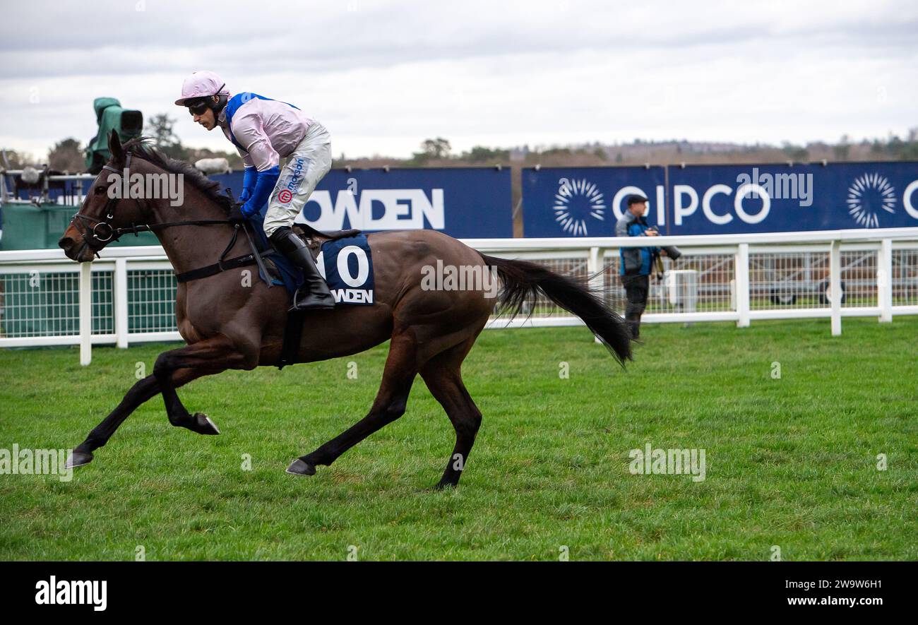 Ascot, Regno Unito. 23 dicembre 2023. Horse West Balboa, guidato dal fantino Harry Skelton, si dirige verso il circuito all'ippodromo di Ascot per gareggiare nella Howden Long Walk hurdle Race all'Howden Christmas Racing Weekend. Il proprietario Bullen-Smith e Faulks. Allenatore Dan Skelton, Alcester. Sponsor Ladbrokes, The Air Ambulance Service (Warwickshire & Northamptonshire). Credito: Maureen McLean/Alamy Foto Stock