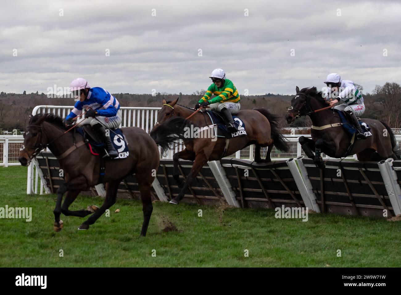 Ascot, Regno Unito. 23 dicembre 2023. Horse West Balboa (n. 9) guidato dal fantino Harry Skelton libera l'ultimo nella gara di ostacoli Howden Long Walk all'Howden Christmas Racing Weekend all'ippodromo di Ascot. Il proprietario Bullen-Smith e Faulks. Allenatore Dan Skelton, Alcester. Sponsor Ladbrokes, The Air Ambulance Service (Warwickshire & Northamptonshire). Credito: Maureen McLean/Alamy Foto Stock