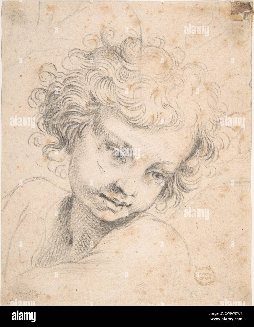Testa di un bambino, copia dell'incisione di Luca Ciamberlano 1887 di Anonimo, italiano, romano-bolognese, XVII secolo Foto Stock