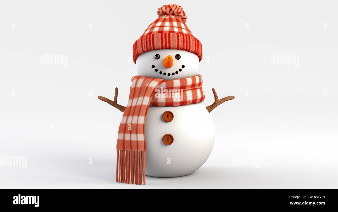 Un pupazzo di neve con cappello e sciarpa a maglia rossa su sfondo bianco. Foto Stock