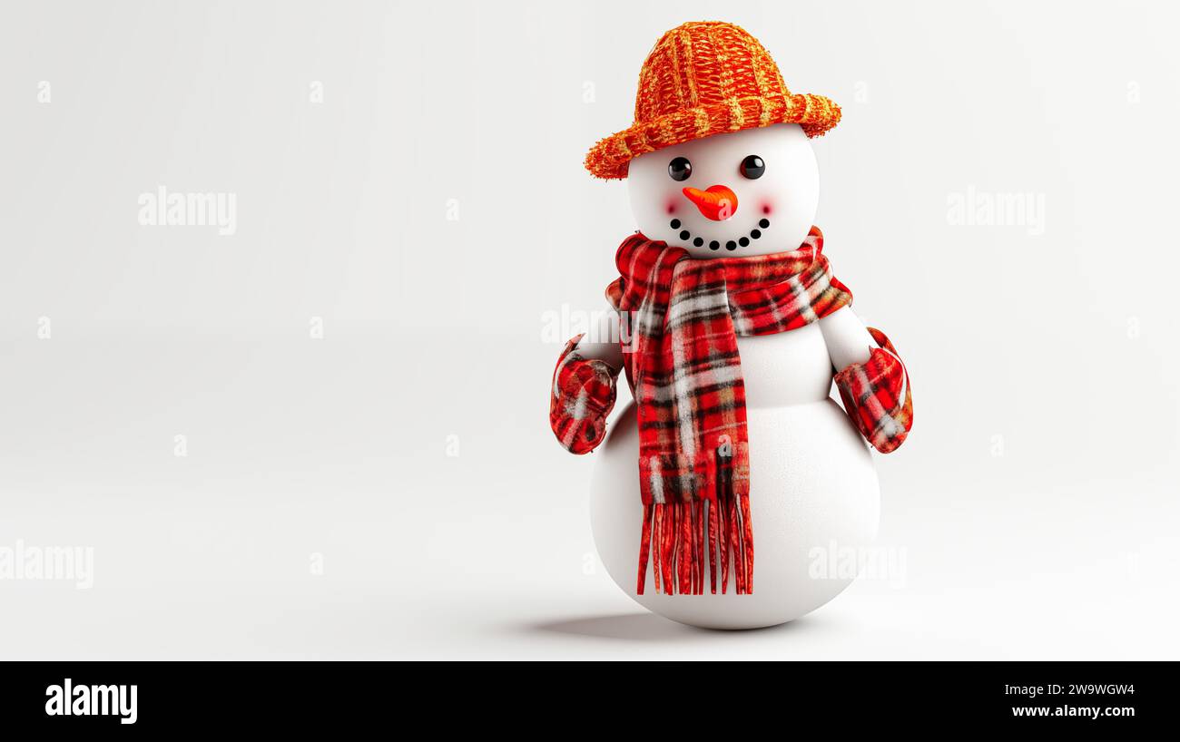 Un pupazzo di neve con cappello e sciarpa a maglia rossa su sfondo bianco. Foto Stock