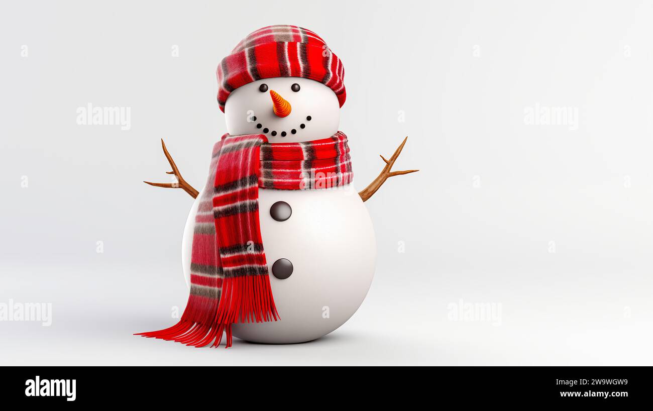Un pupazzo di neve con cappello e sciarpa a maglia rossa su sfondo bianco. Foto Stock