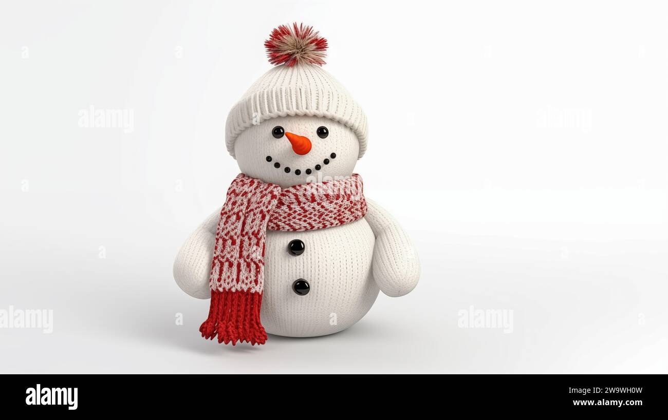 Un pupazzo di neve con cappello e sciarpa a maglia rossa su sfondo bianco. Foto Stock