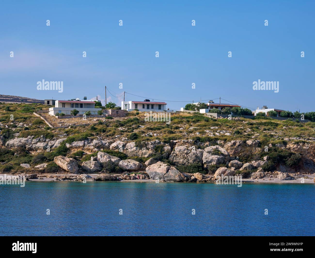 Lungomare di Arki, isola di Arkoi, Dodecaneso, Grecia Foto Stock