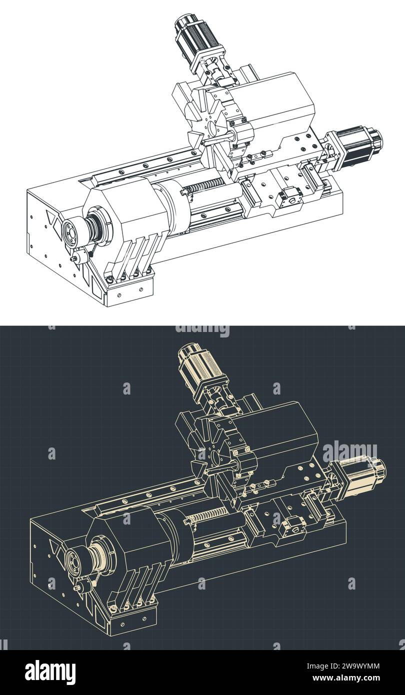 Illustrazione vettoriale stilizzata di progetti isometrici della macchina da tornio CNC Illustrazione Vettoriale