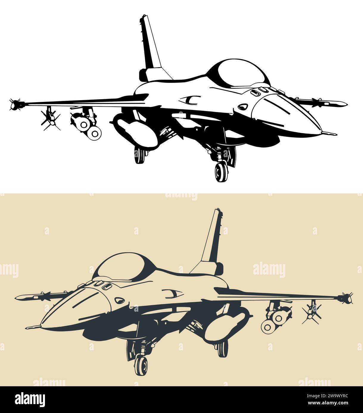 Disegno stilizzato di un moderno aereo militare F-16 caccia leggero multiruolo Illustrazione Vettoriale