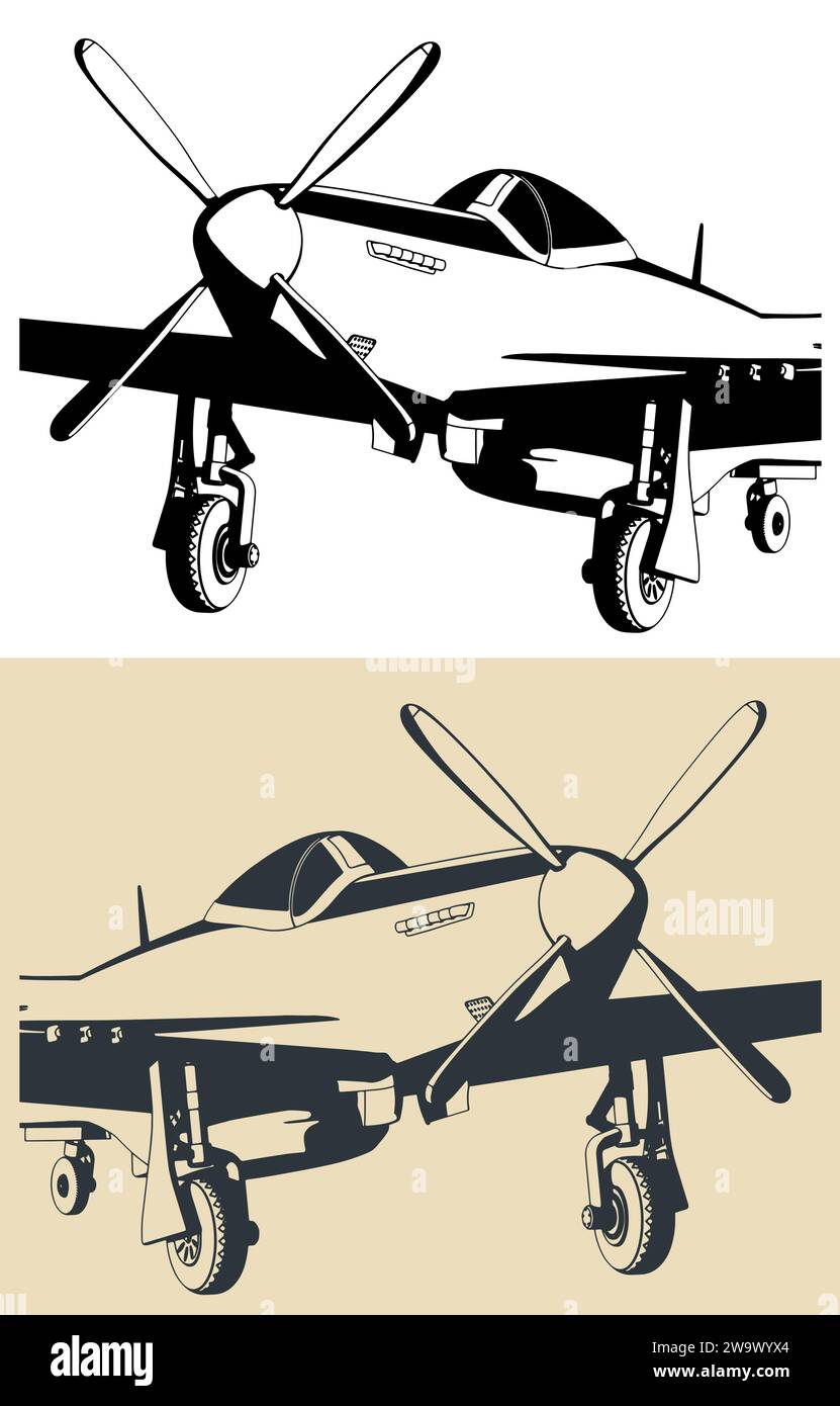 Illustrazione vettoriale stilizzata di caccia monoposto a lungo raggio e bombardiere da combattimento utilizzati durante la seconda guerra mondiale in primo piano Illustrazione Vettoriale