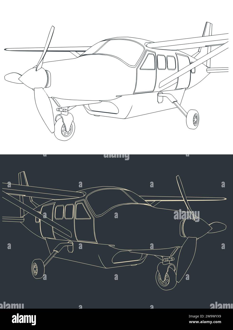Illustrazioni vettoriali stilizzate di aerei leggeri a turboelica monomotore da vicino Illustrazione Vettoriale