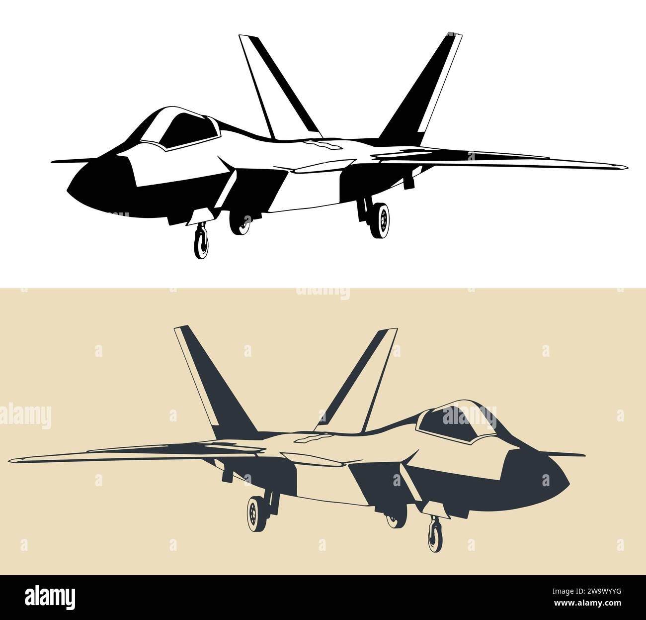 Disegno stilizzato di un moderno aereo militare F-22 Raptor. Caccia stealth Illustrazione Vettoriale