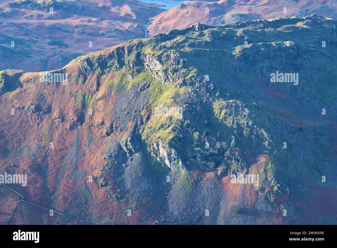 Helm Crag visto da Great Rigg, Grasmere, Lake District, Cumbria Foto Stock