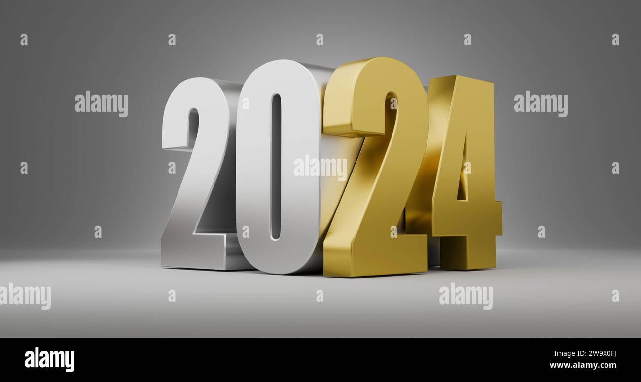 Numeri volumetrici in metallo per Capodanno 2024 realizzati in argento e oro su sfondo grigio. rendering 3d. Foto Stock