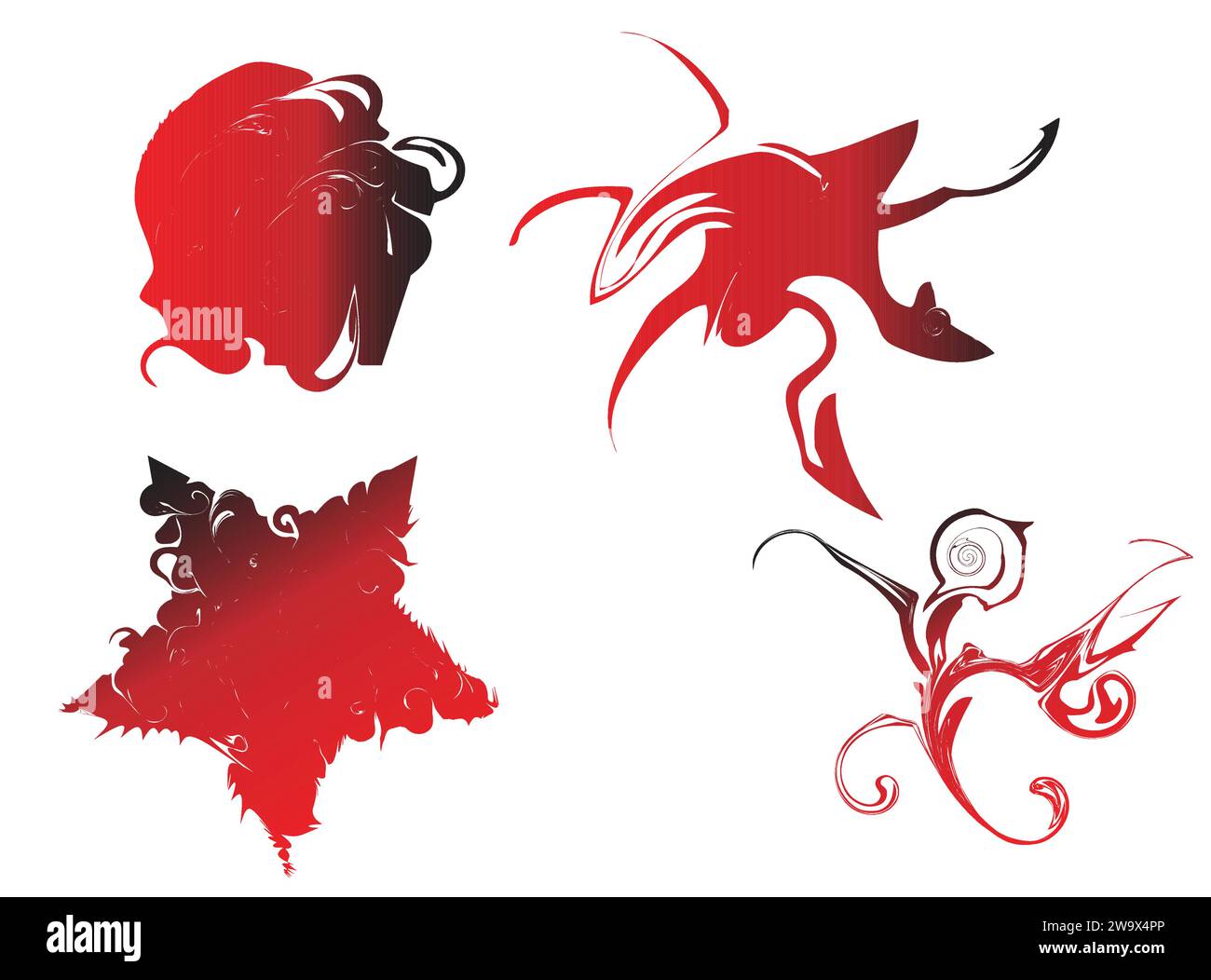 animale mistico, bufalo rosso, stella marina, pollo e uccello Illustrazione Vettoriale