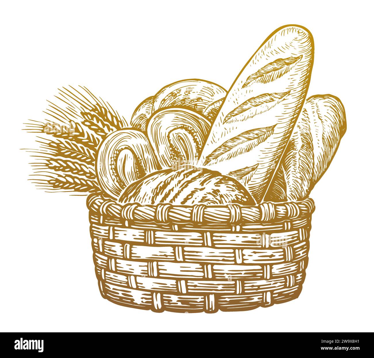 Prodotti appena sfornati, disegno di disegni d'epoca. Pane e orecchie di grano nel cestino Illustrazione Vettoriale