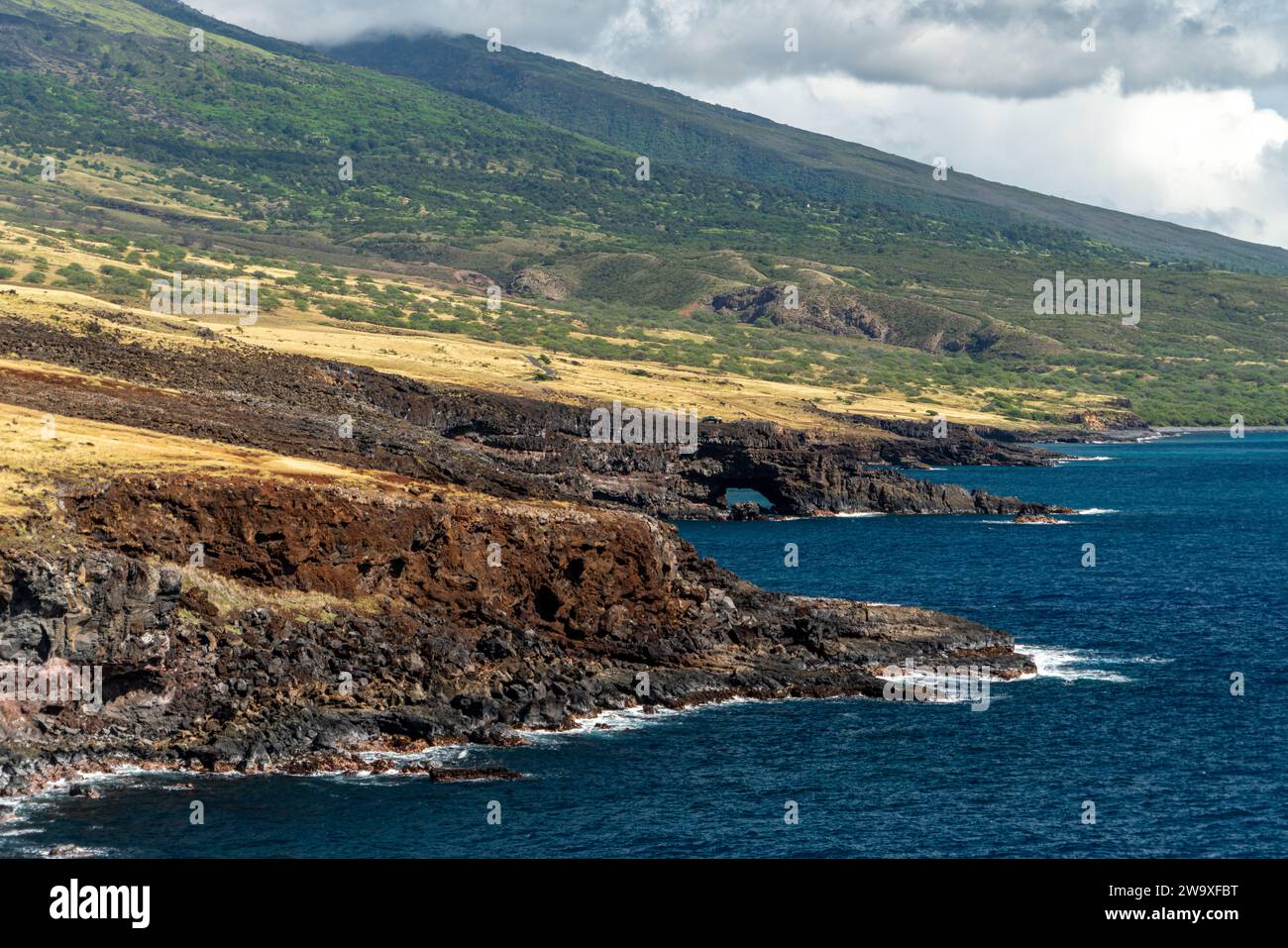 L'aspra costa di roccia lavica della costa meridionale di Maui contrasta con il sereno blu dell'Oceano Pacifico. Foto Stock