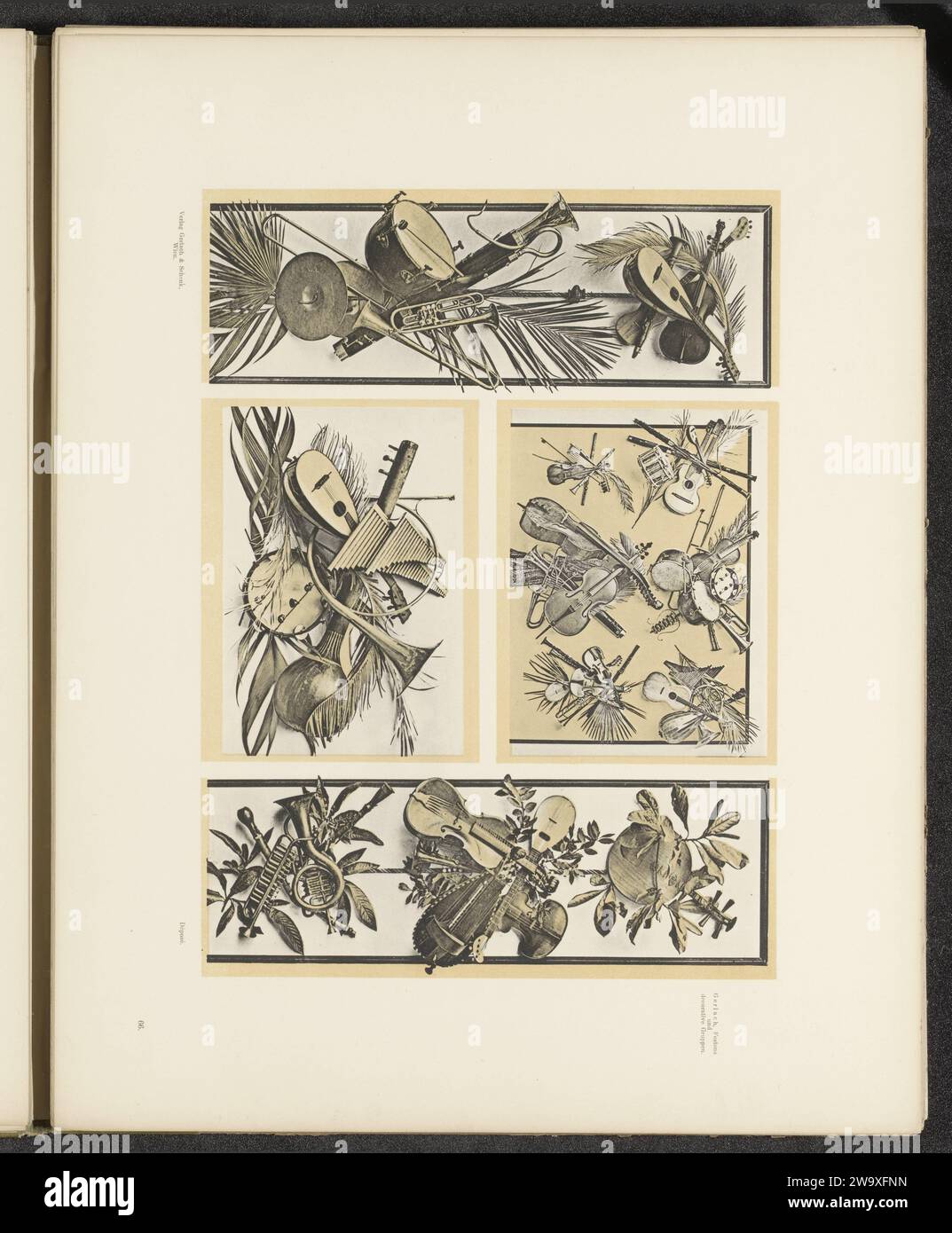 Gruppi decorativi con strumenti musicali e foglie di palma, c. 1887 - in o prima del 1897 tipografia fotomeccanica: Austriapublisher: Vienna cartaceo collotipo alberi: palma (+ foglia). strumenti musicali; gruppo di strumenti musicali Foto Stock