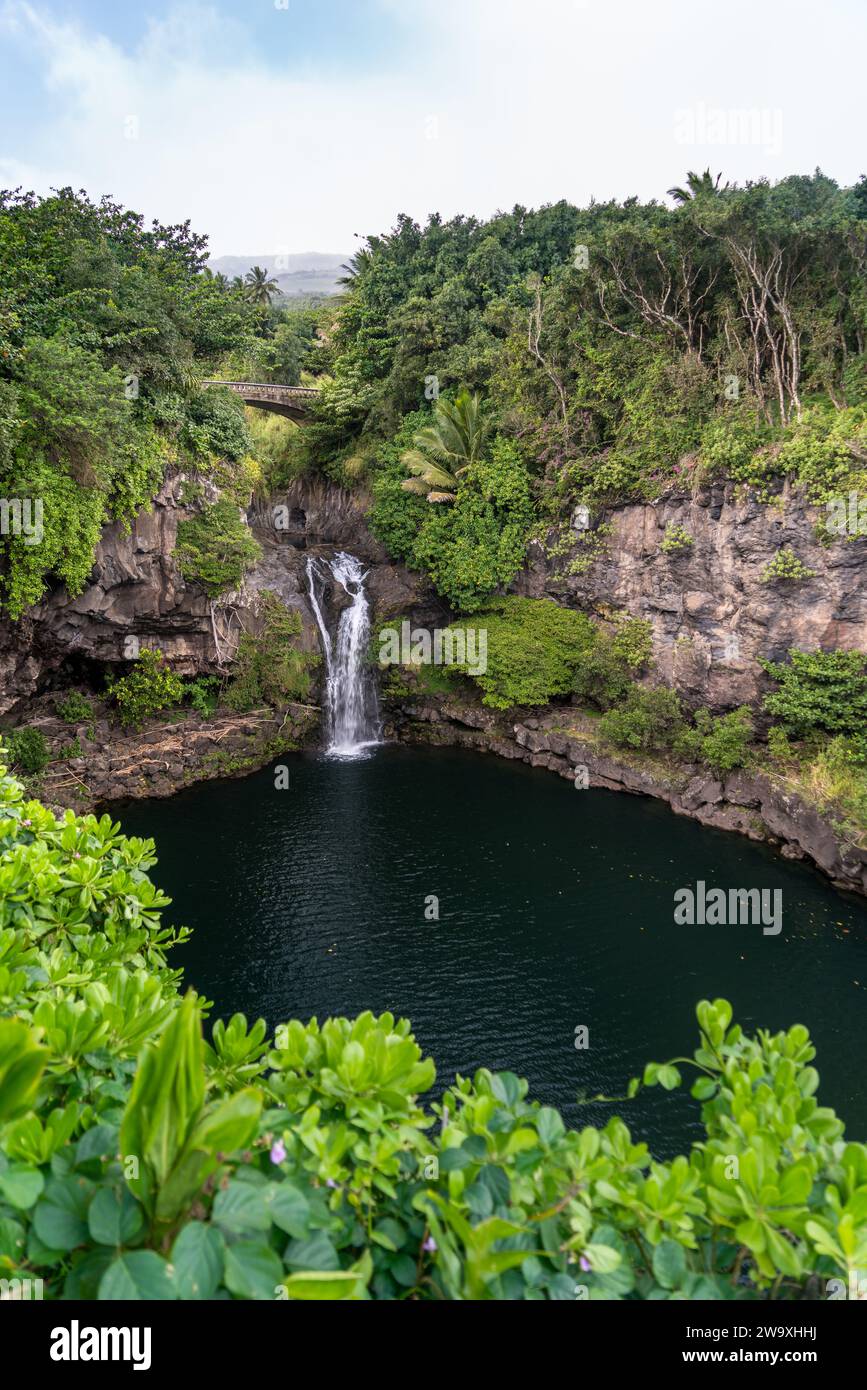 Una serena cascata si trasforma in una tranquilla piscina naturale, immersa nei lussureggianti paesaggi del Parco Nazionale di Haleakalā, nei pressi dell'autostrada Piilani. Foto Stock