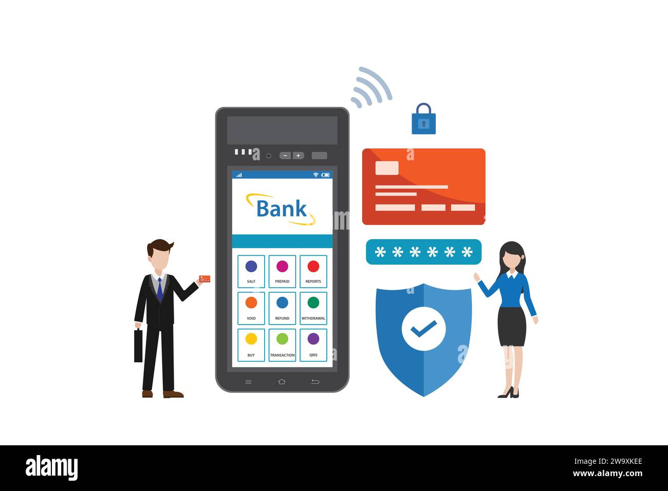 Illustrazione vettoriale del mobile banking online e dei pagamenti mobili. Sicurezza delle transazioni e pagamenti sicuri con uomini e donne Illustrazione Vettoriale