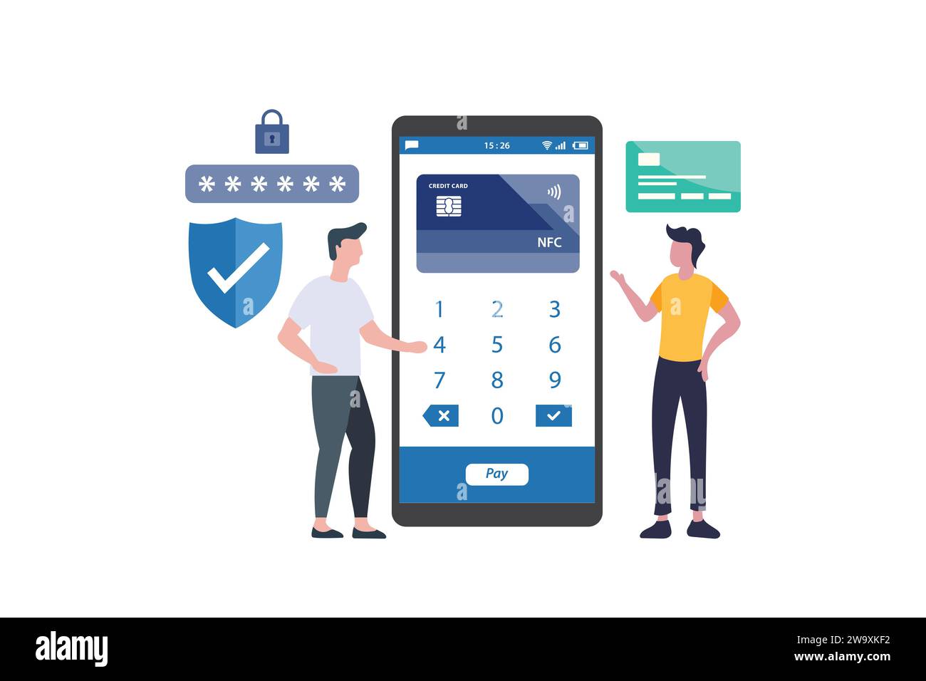 Illustrazione vettoriale di due uomini con concetto di pagamento sicuro. carta di credito, scudo, lucchetto, password e smartphone Illustrazione Vettoriale