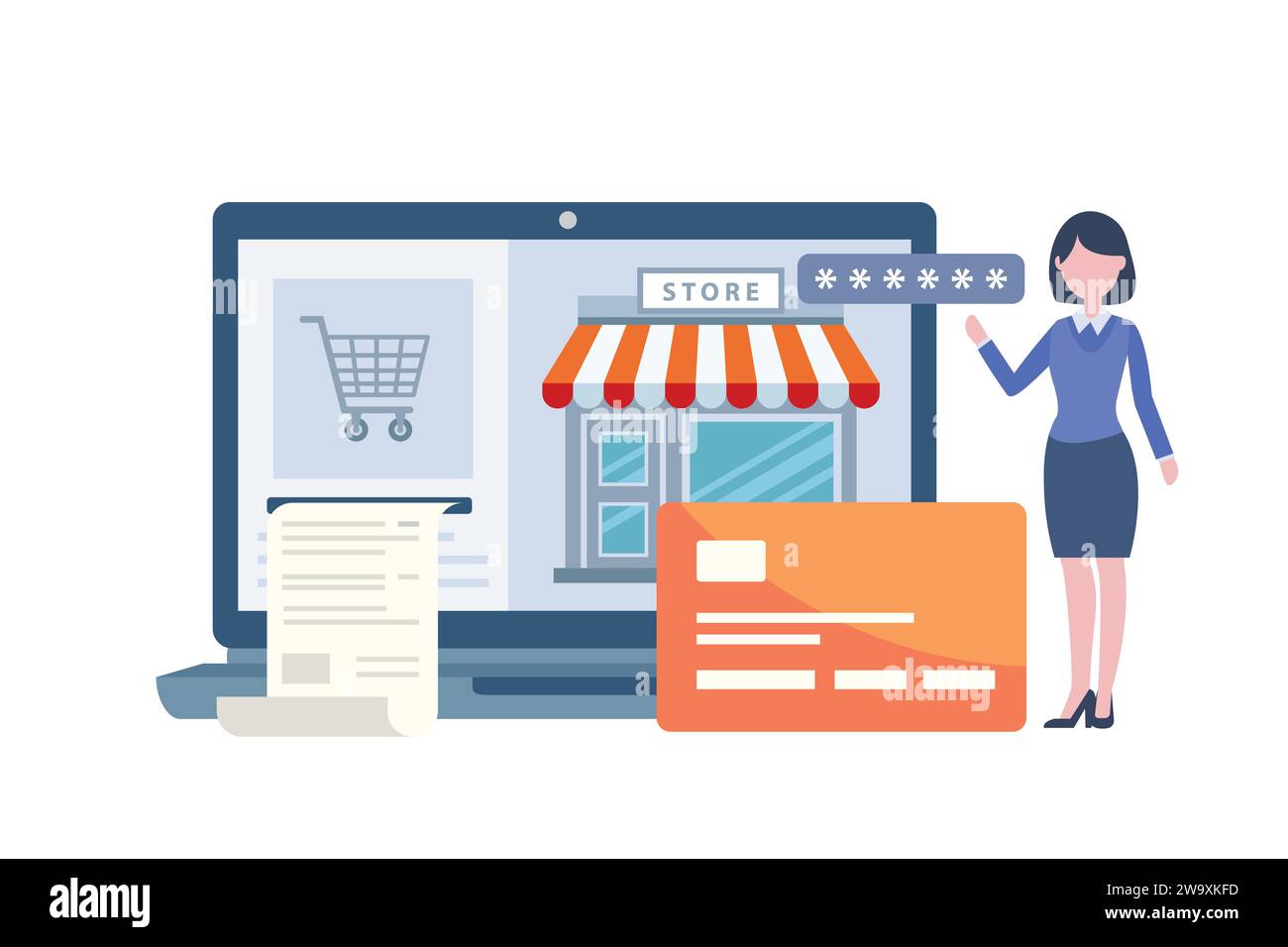 Donna che utilizza carta di credito, sistema di pagamento sicuro per lo shopping online con laptop aperto e negozio online Illustrazione Vettoriale