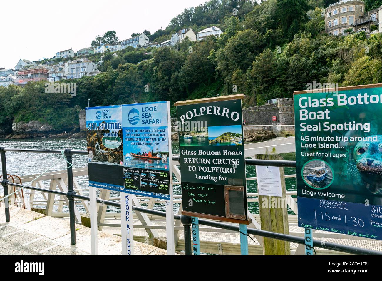 Looe Cornwall, i cartelli sul muro del porto promuovono gite in barca per Polperro e looe Sea safari Island, Inghilterra, Regno Unito, 2023 Foto Stock