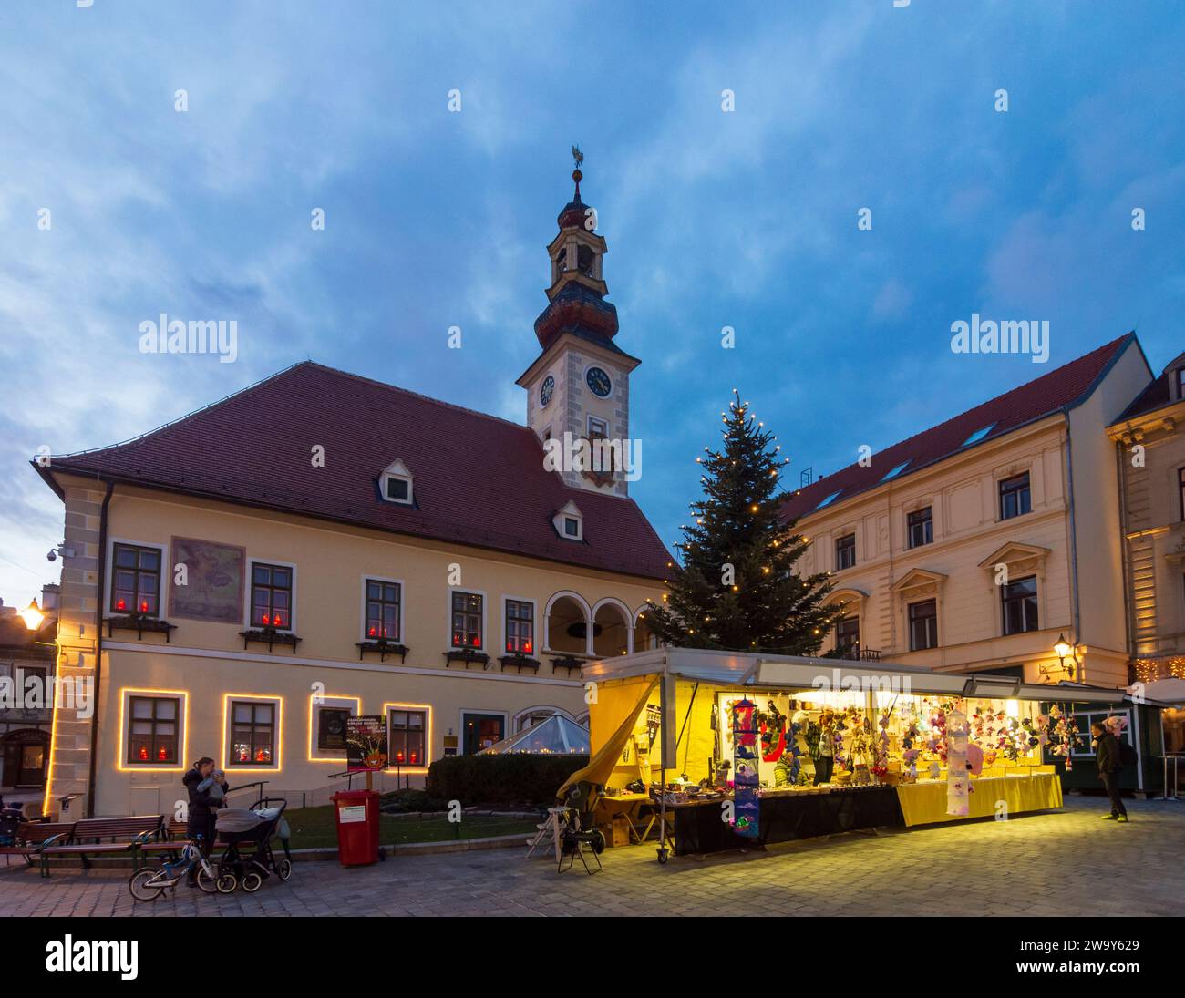 Mödling: Municipio, piazza Schrannenplatz, bancarella con portafortuna per il nuovo anno, principalmente maiali a Wienerwald, Vienna Woods, Niederösterreich, Foto Stock