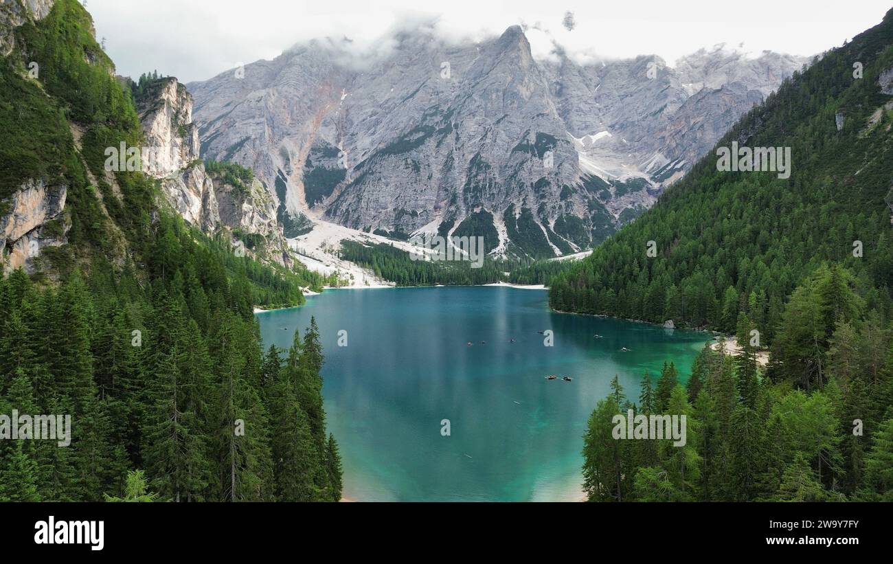 Foto drone Lago di Braies Dolomiti Italia europa Foto Stock