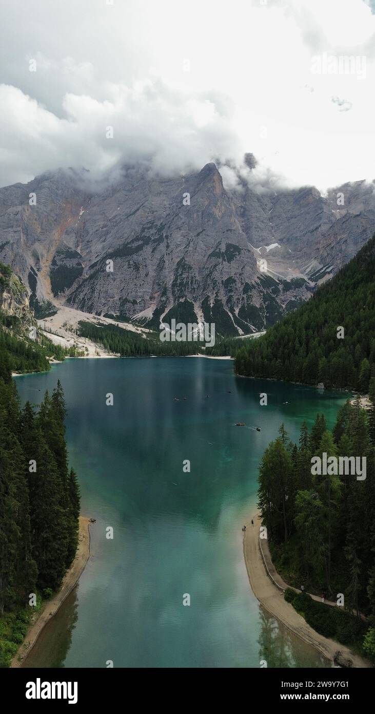 Foto drone Lago di Braies Dolomiti Italia europa Foto Stock