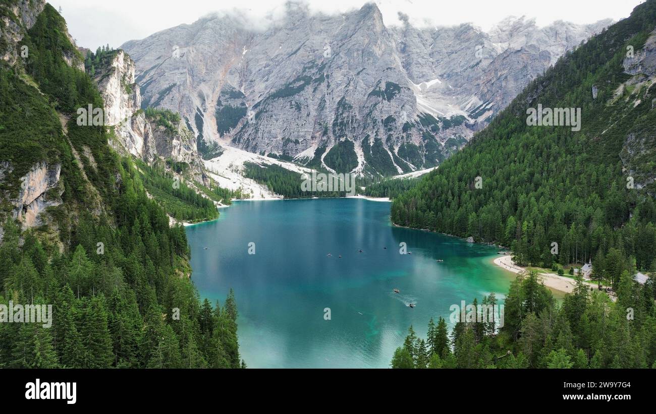 Foto drone Lago di Braies Dolomiti Italia europa Foto Stock