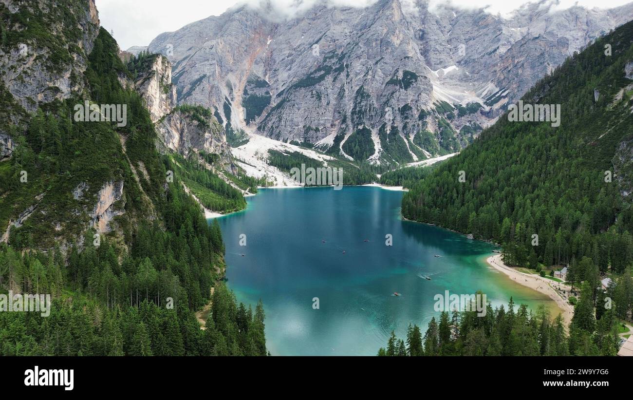 Foto drone Lago di Braies Dolomiti Italia europa Foto Stock