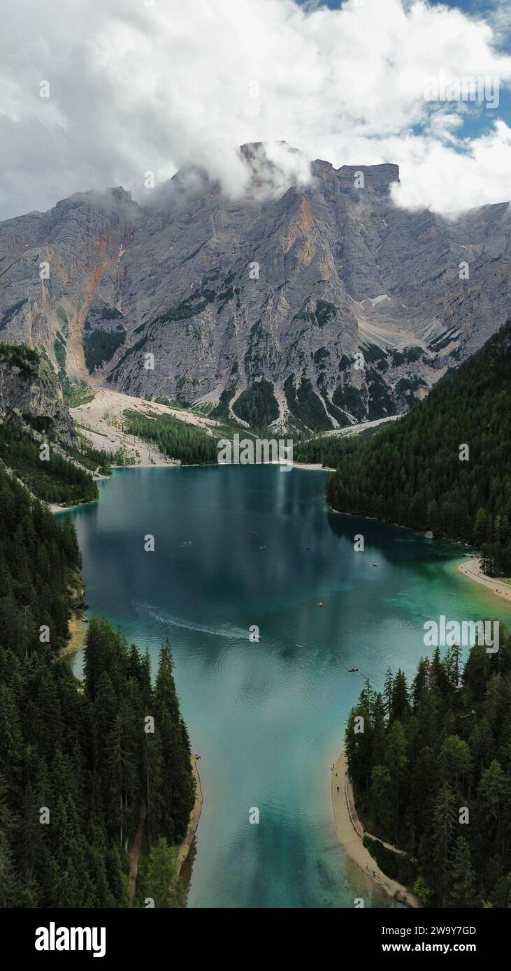Foto drone Lago di Braies Dolomiti Italia europa Foto Stock