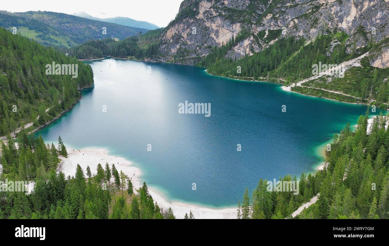 Foto drone Lago di Braies Dolomiti Italia europa Foto Stock