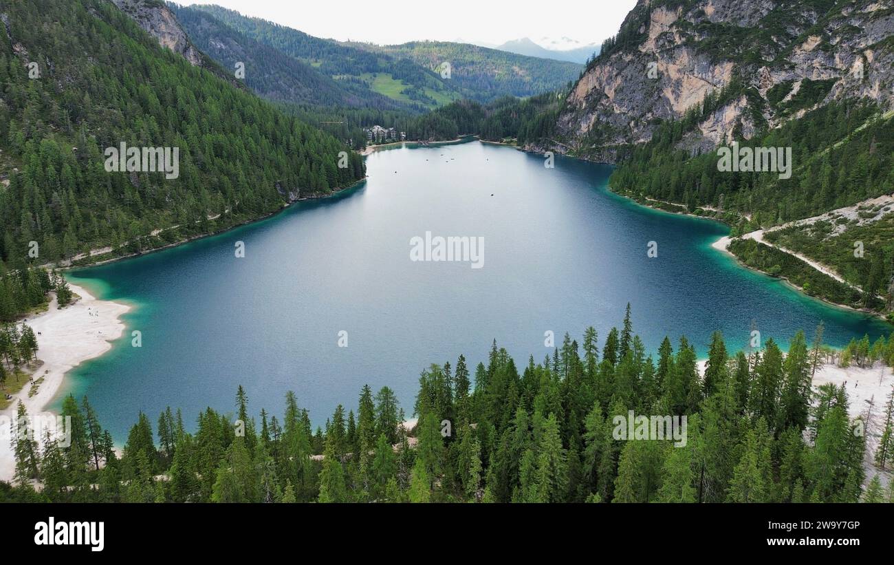 Foto drone Lago di Braies Dolomiti Italia europa Foto Stock