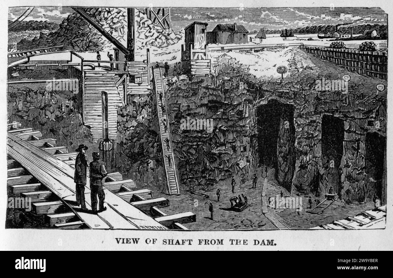 Incisione del pozzo dalla diga di Hallet's Point, Hell Gate, New York, dal mondo sotterraneo, circa 1878 Foto Stock