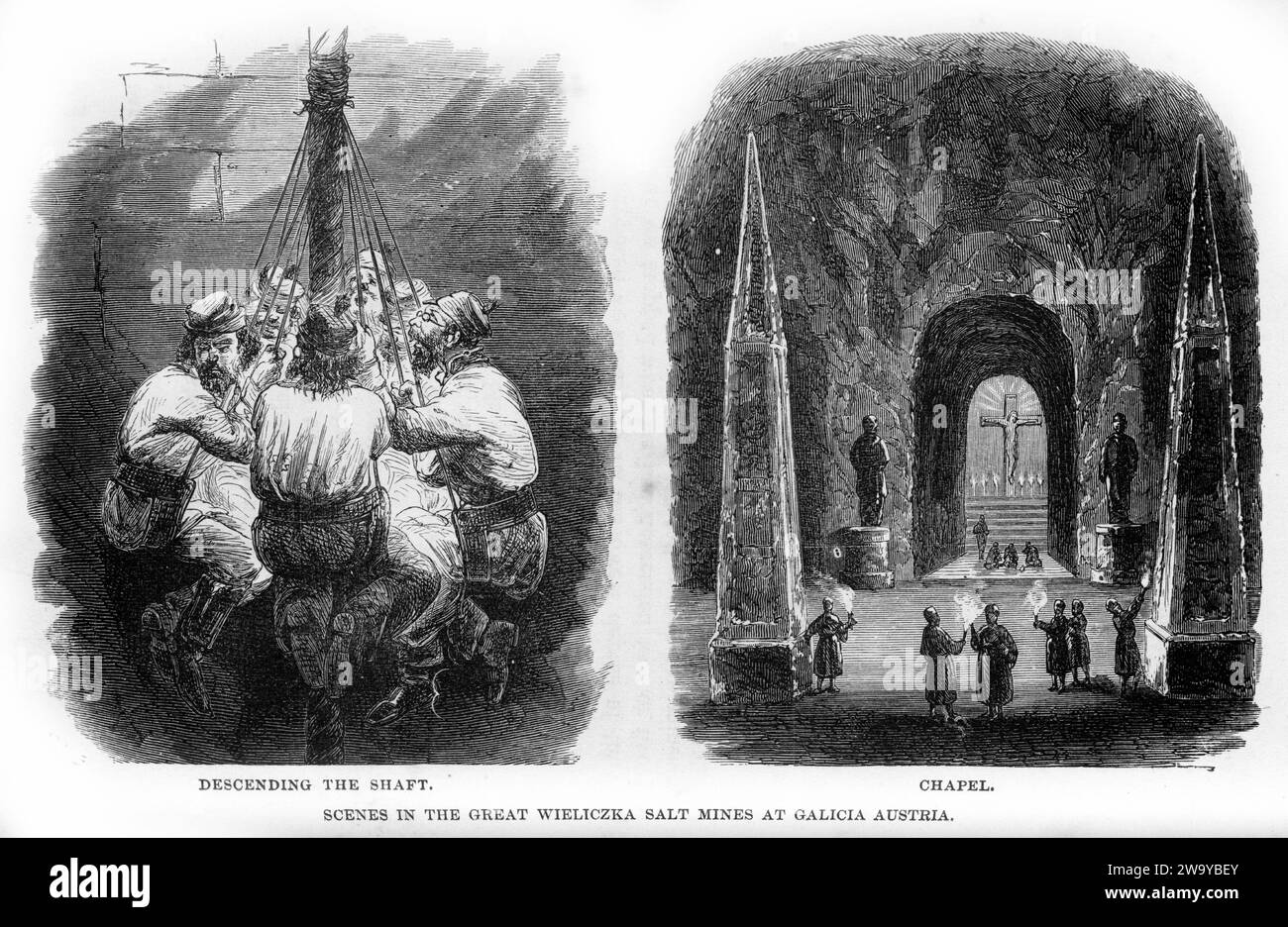 Incisione di uomini che lavorano nelle grandi miniere di sale di Wieliczka in Galizia, Austria, dal mondo sotterraneo, circa 1878 Foto Stock