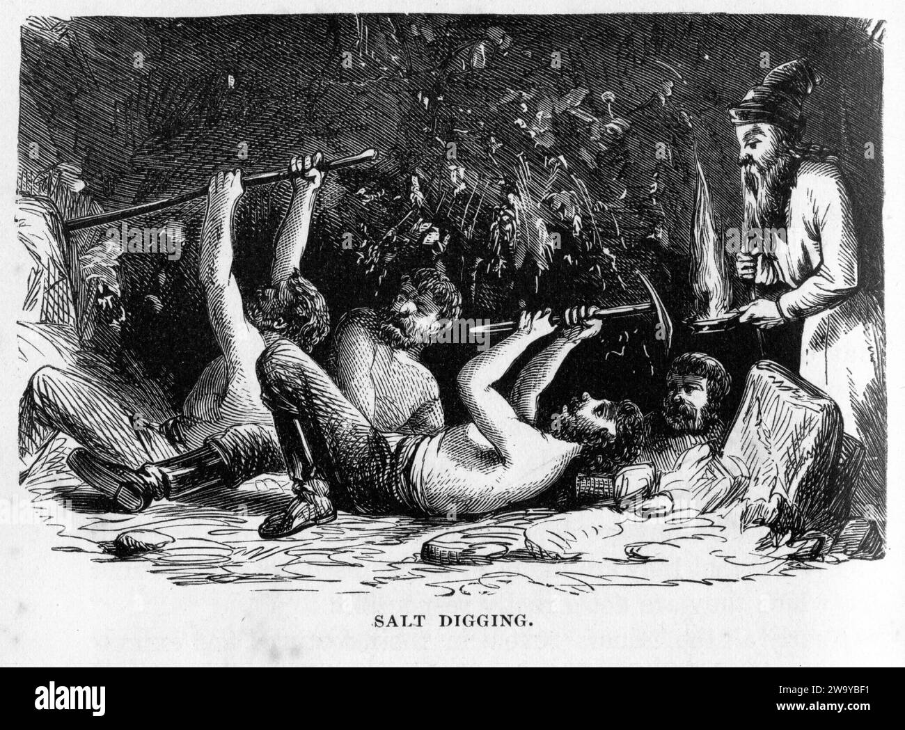 Incisione di uomini che lavorano in una miniera di sale, dal mondo sotterraneo, circa 1878 Foto Stock