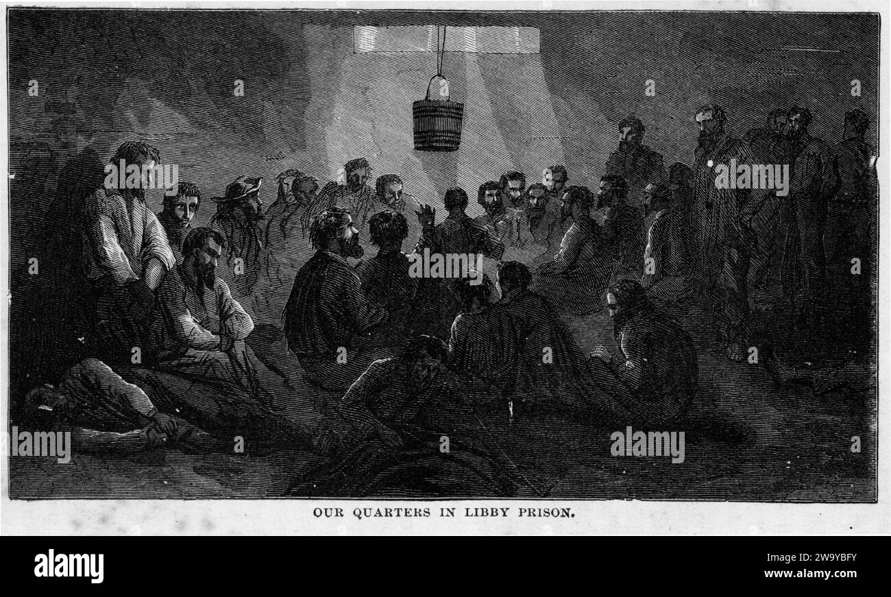 Incisione della prigione di Libby, una prigione confederata a Richmond, Virginia, durante la guerra di secessione americana. Nel 1862 fu designato per tenere prigionieri ufficiali dell'esercito dell'Unione, dal mondo sotterraneo, intorno al 1878 Foto Stock