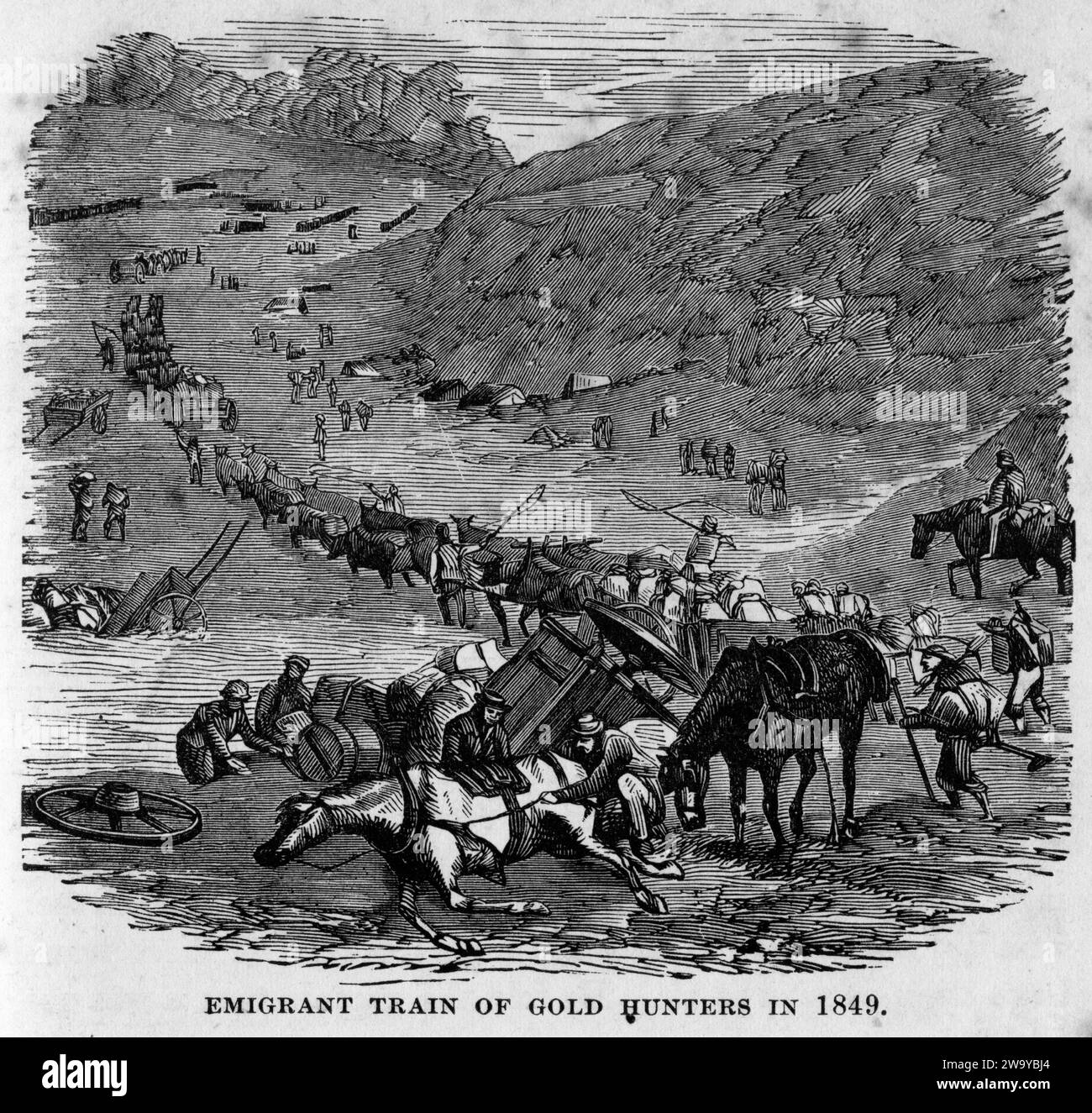 Incisione di cercatori sulla pista della corsa all'oro del 1849 in California, ma una scena tipica su qualsiasi campo d'oro alla fine degli anni '1800, dalla California a Otago in nuova Zelanda, dall'Underground World, intorno al 1878 Foto Stock