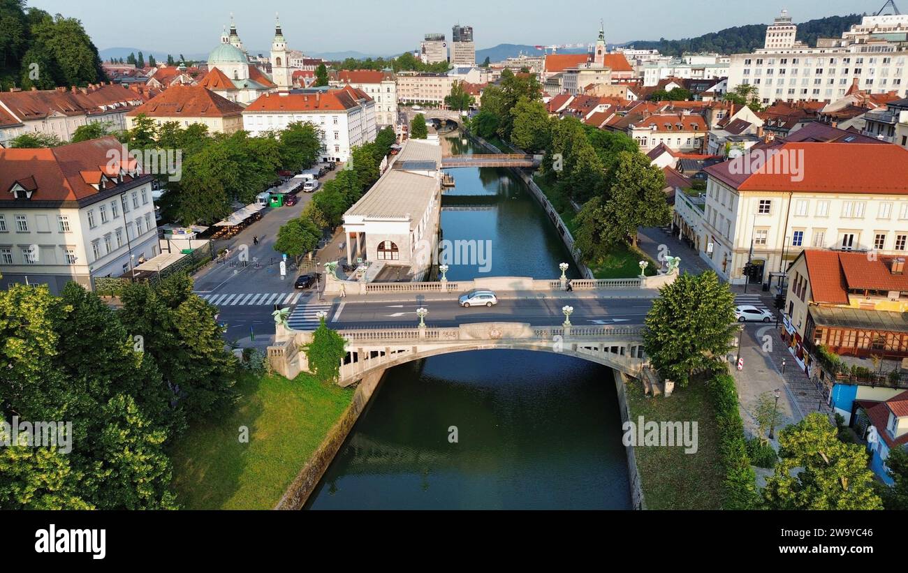 Drone Photo Dragon Bridge, Zmajski Most Ljubljana Slovenia Europe Foto Stock