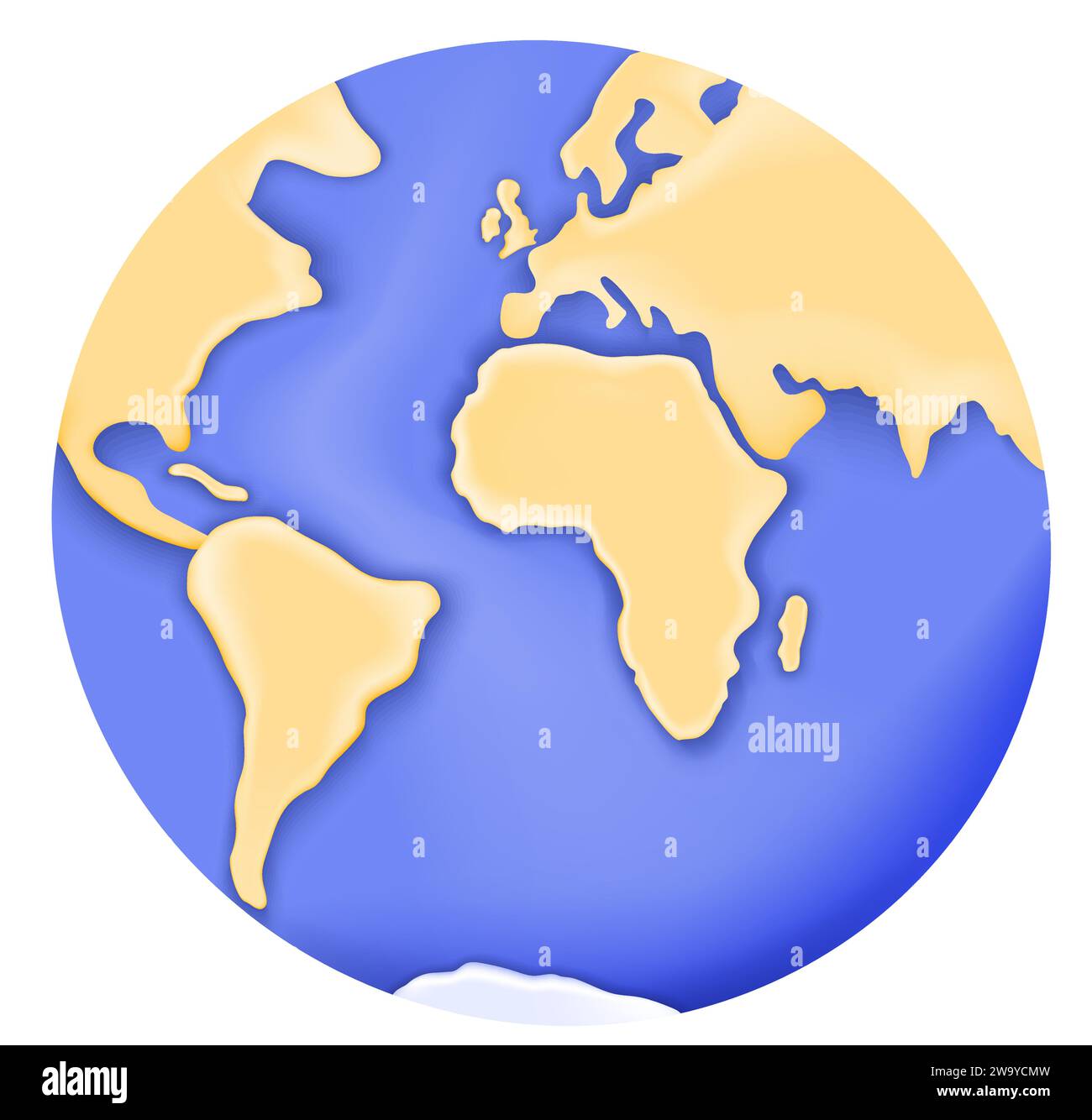 Il pianeta dei cartoni animati Terra come un modello di plastica o plasticina. Continenti dorati gialli su sfondo blu dell'oceano. icona vettoriale 3d su sfondo bianco. Illustrazione Vettoriale