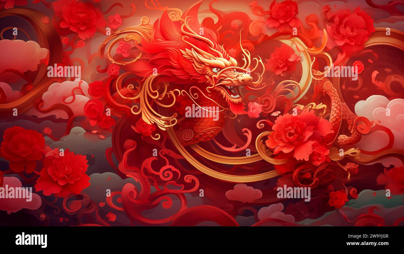 Drago rosso cinese. Illustrazione del drago zodiaco tradizionale e dei fiori. Felice anno nuovo cinese. Foto Stock