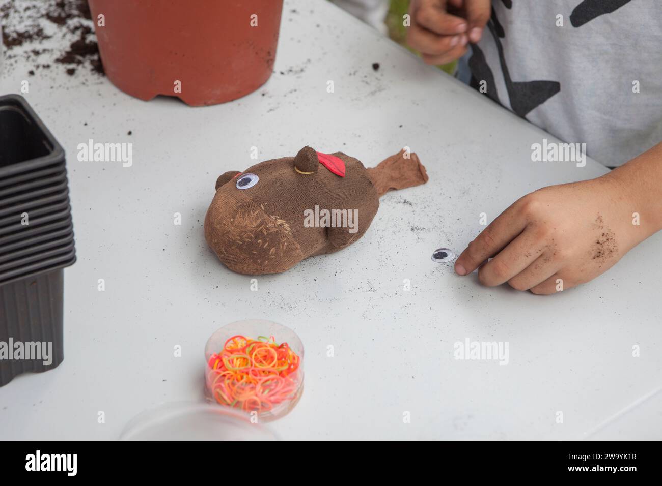 Laboratorio di teste erba per bambini. Bambino che posiziona l'occhio della bambola Foto Stock