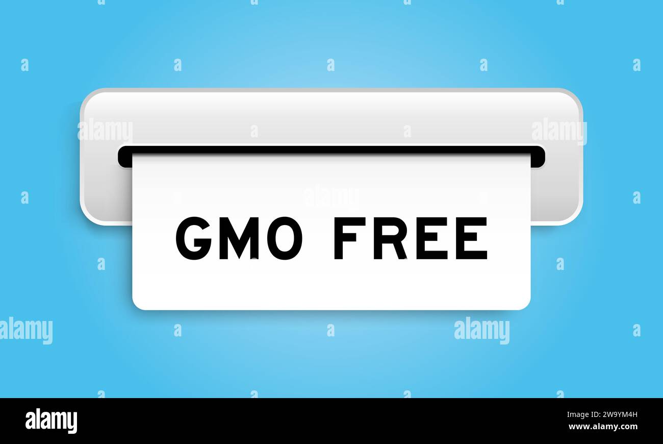 Banner coupon bianco con la dicitura OGM (abbreviazione di organismi geneticamente modificati) privo di macchina su sfondo blu Illustrazione Vettoriale