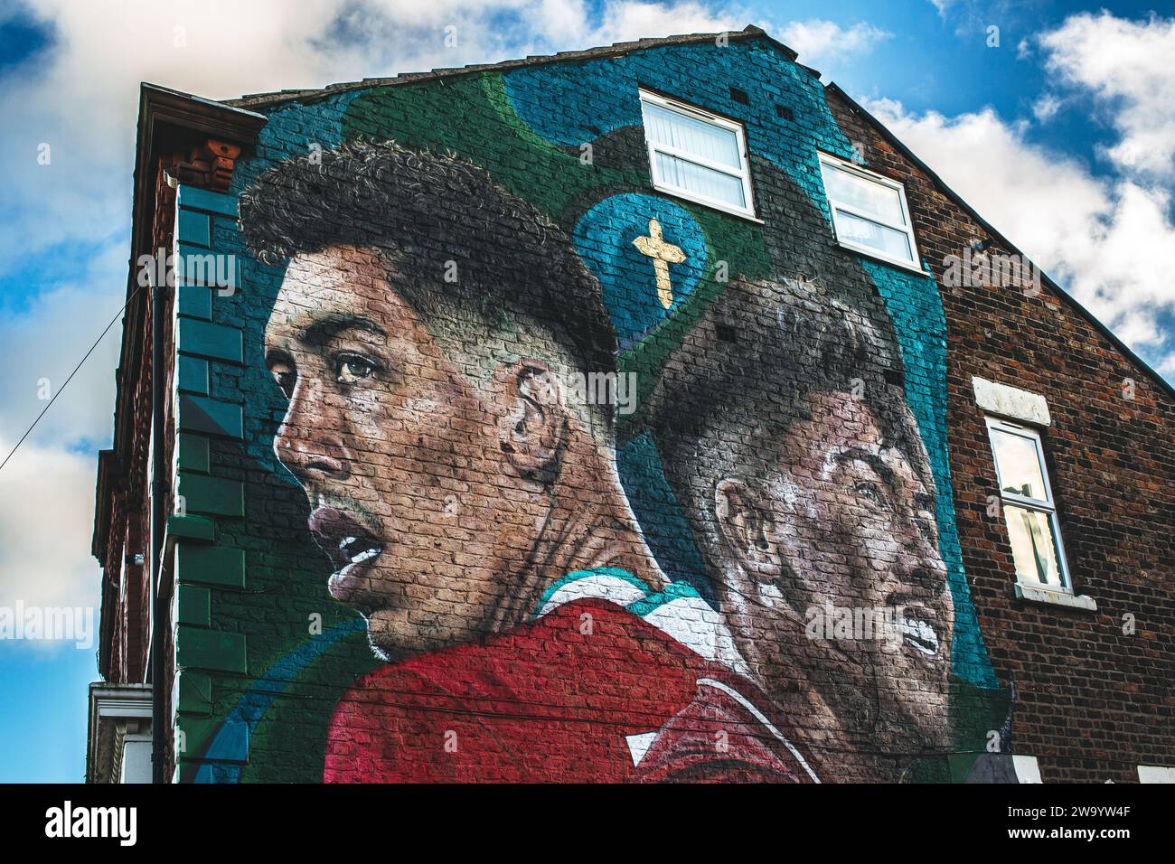 Bobby Firmino Mural all'angolo tra Rockfield Road e Anfield Road Foto Stock