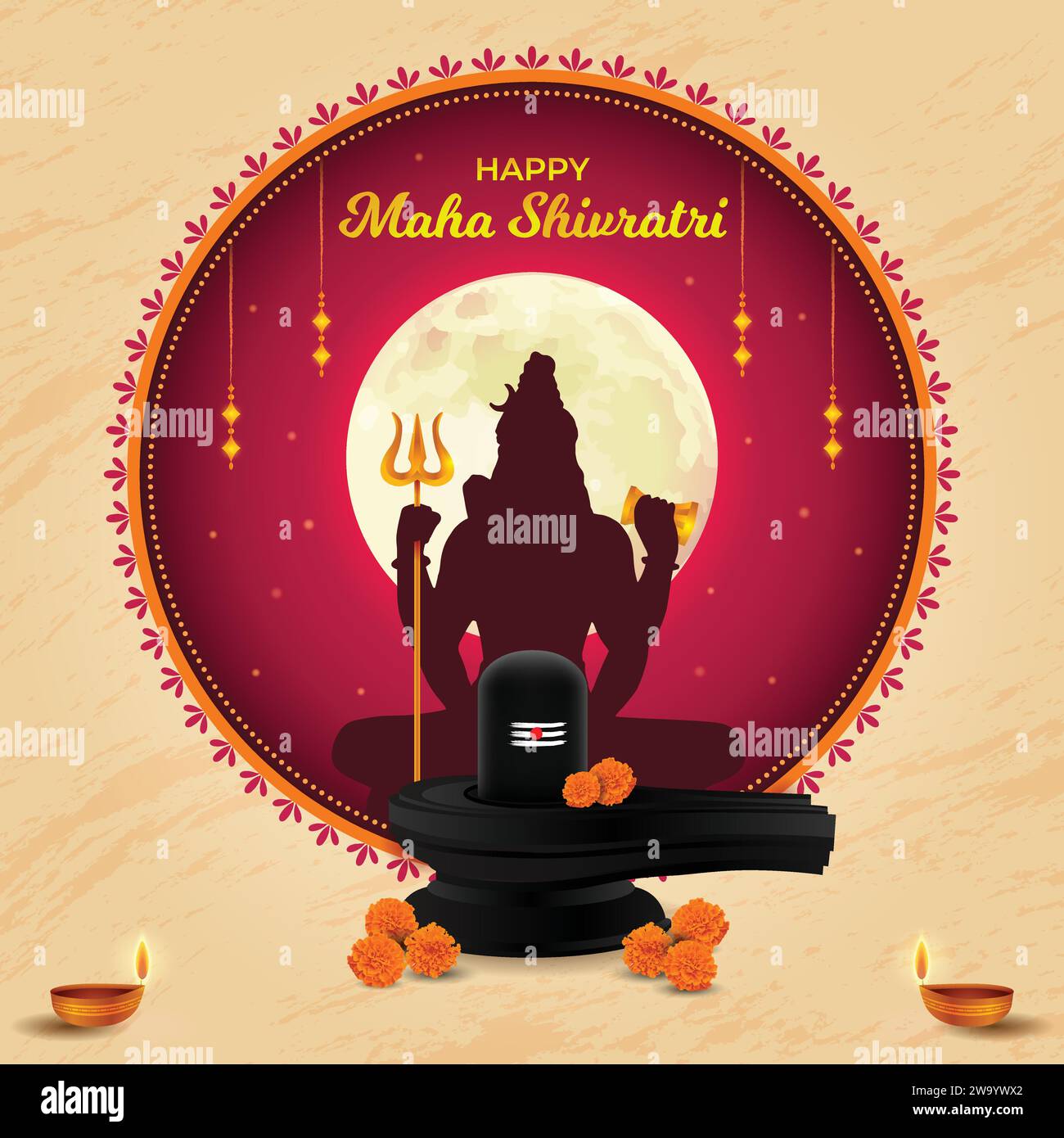 Felice Maha Shivratri. Shivling, Lingam, Moon, Trident e Mandala. Illustrazione vettoriale del modello quadrato del disegno del poster del tradizionale Festival indù Illustrazione Vettoriale