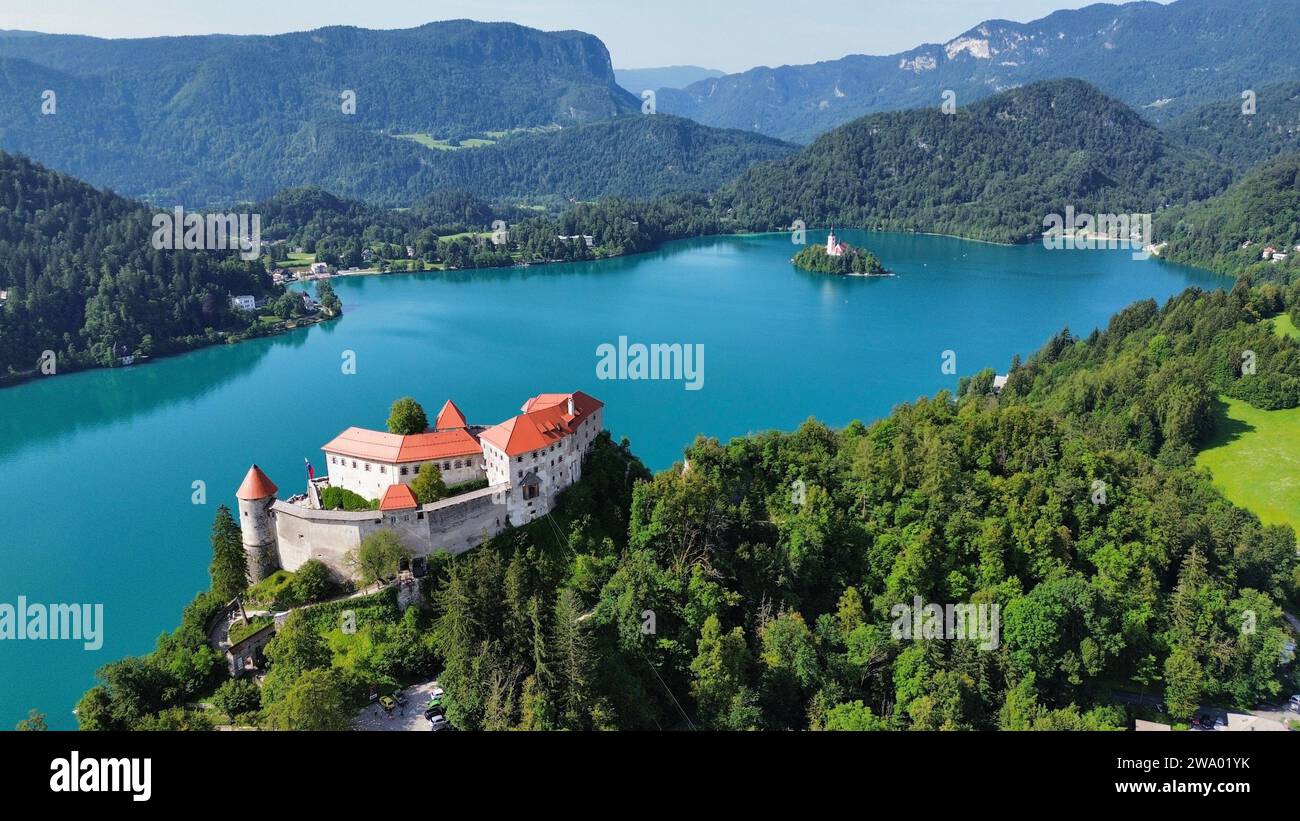 Foto drone Castello di Bled, Blejski grad Bled Slovenia Europa Foto Stock