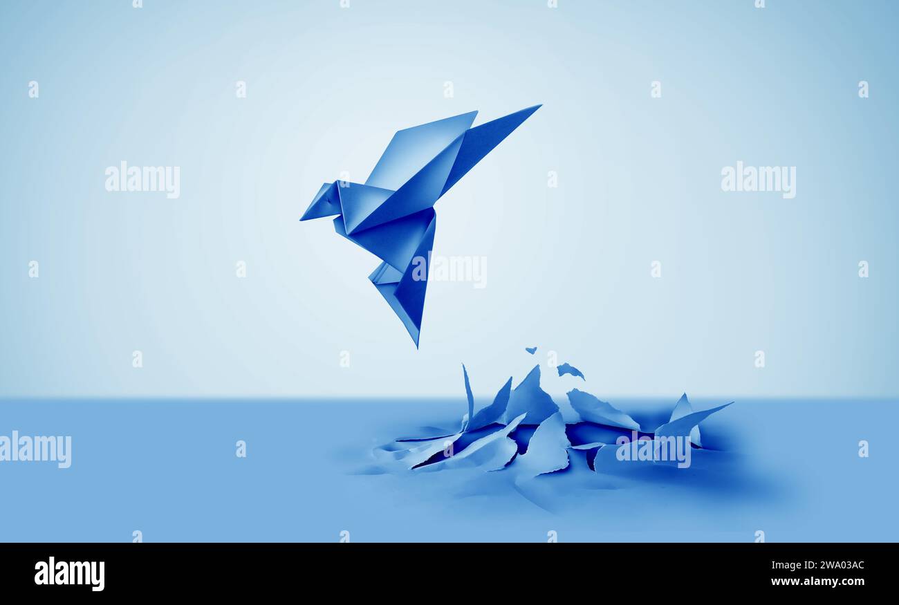 Successo aziendale ispirazione e motivazione concetto come nascita o rinascita con un uccello origami di carta blu che emerge come simbolo di creatività e metamo Foto Stock