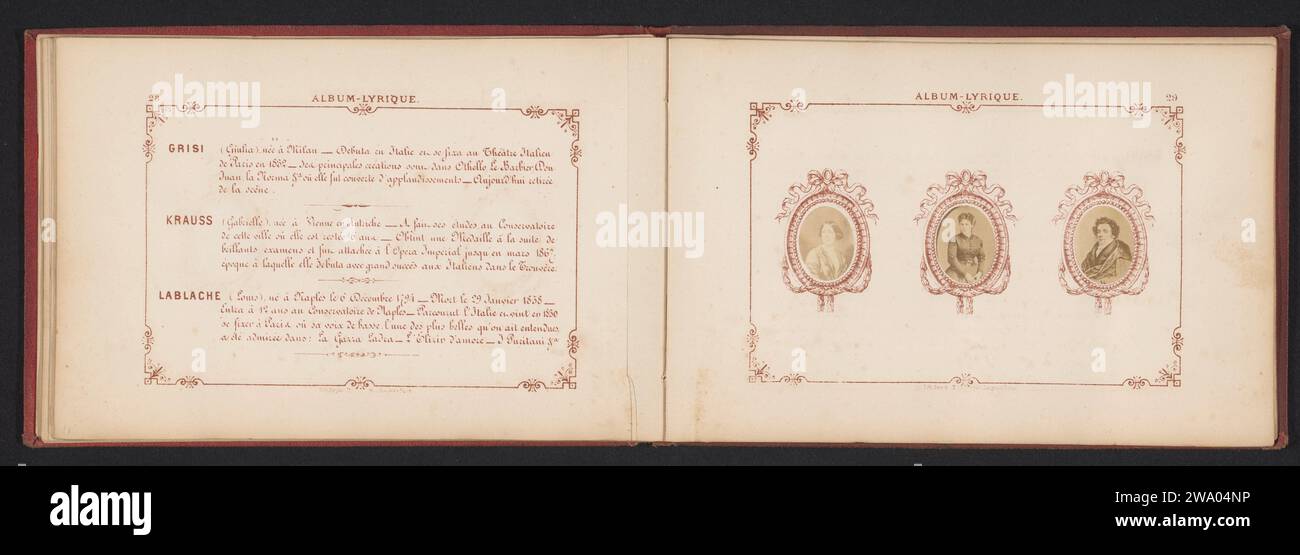 Tre produzioni fotografiche, raffiguranti i ritratti di Giulia Grisi, Gabrielle Krauss e Luigi Lblache, Antoine René Trinquart, dopo Anonymous, c. 1858 - c. 1868 Fotografia carta francese. stampa di supporto fotografico / ritratto di un cantante d'opera Foto Stock