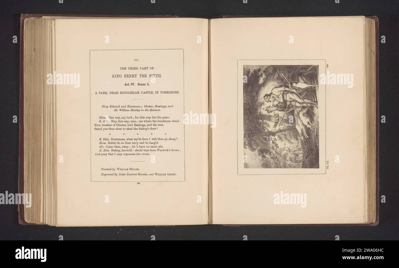 Produzione fotografica da una stampa a un dipinto di William Miller, che rappresenta una scena di Hendrik vi, parte 3 di William Shakespeare, Stephen Ayling, dopo Jean Baptiste Michel, dopo William Satchwell Leney, dopo William Miller, c. 1854 - nel o prima del 1867 Fotografia si può vedere l'atto IV, scena 5 con re Edoardo e un cacciatore in un parco. Supporto fotografico londinese albumen stampa opere specifiche di letteratura Foto Stock