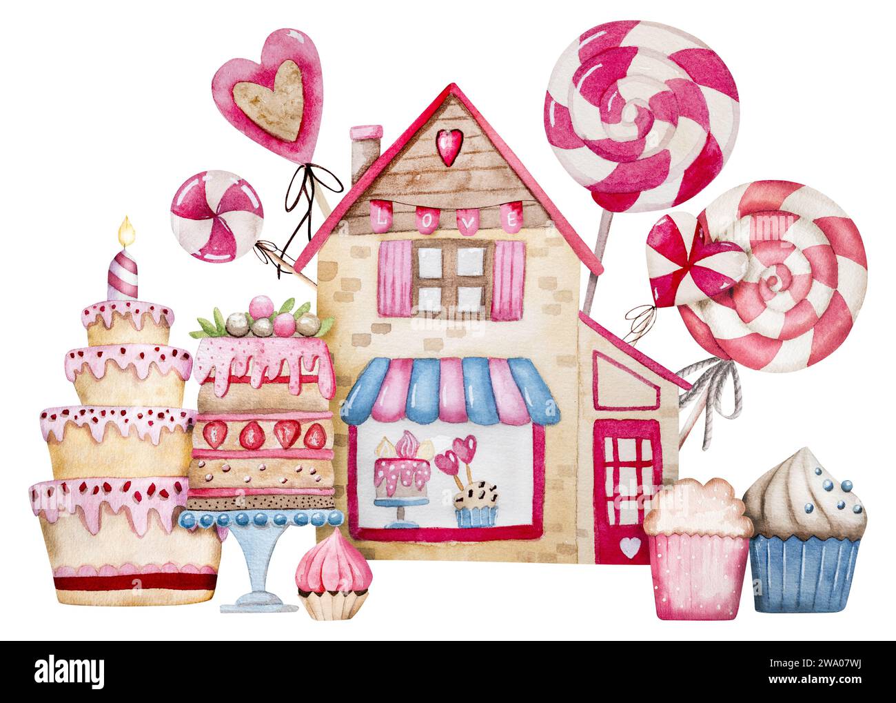 Clipart dell'illustrazione acquerello disegnato a mano a tema per il 14 febbraio, con Un negozio di caramelle con torte, torte e caramelle per San Valentino Foto Stock