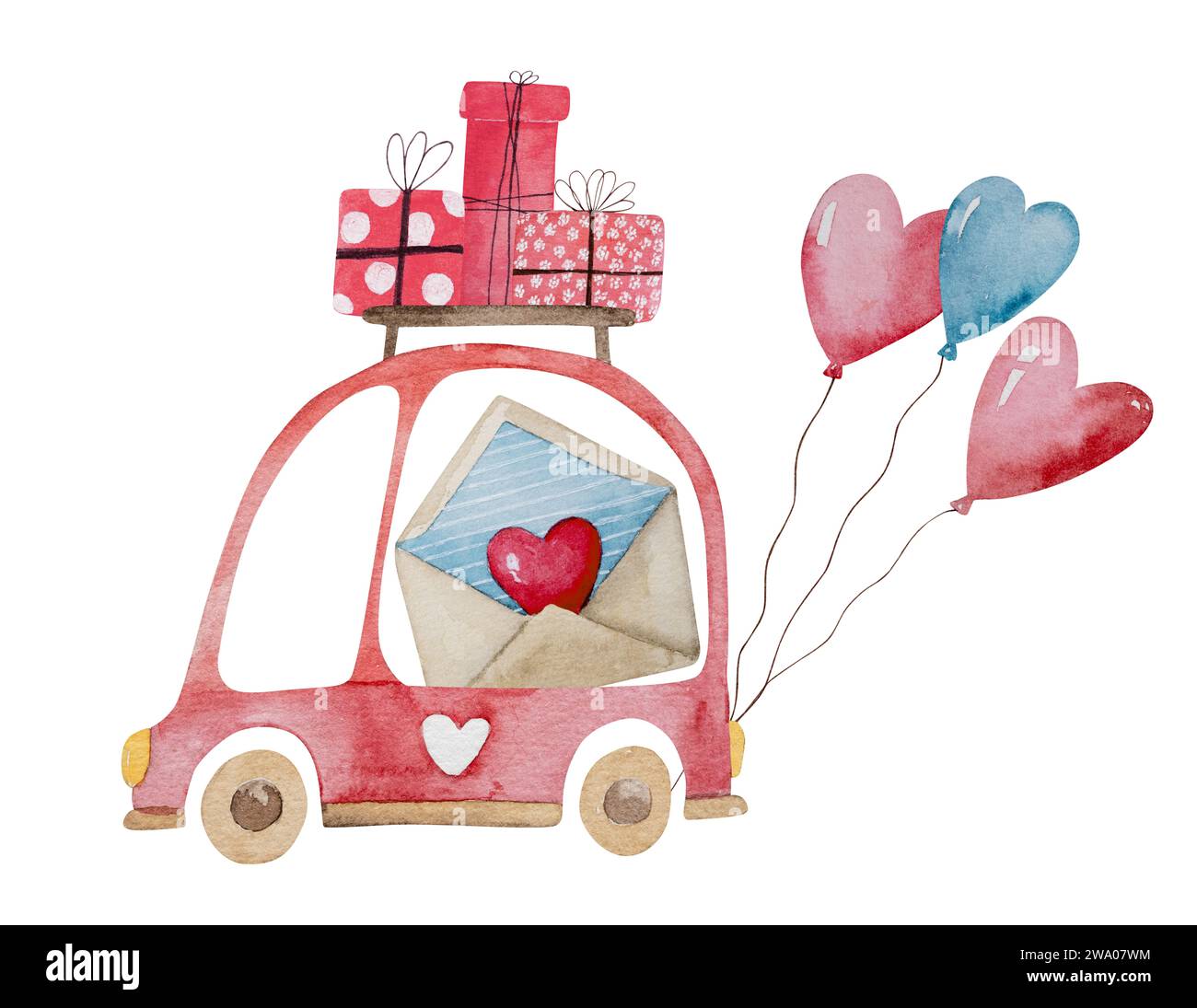 Clipart di illustrazione acquerello disegnato a mano a tema il 14 febbraio, con Un'auto con regali e palloncini per San Valentino e Una casa su ruote con regali Foto Stock